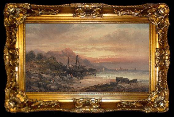 framed  William Tomkins Coastal scene with islet and fishing folk, ta009-2